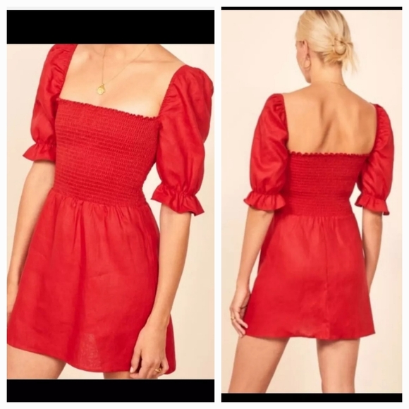 Reformation Cerise Linen Off Shoulder Mini Dress S - Picture 2 of 5